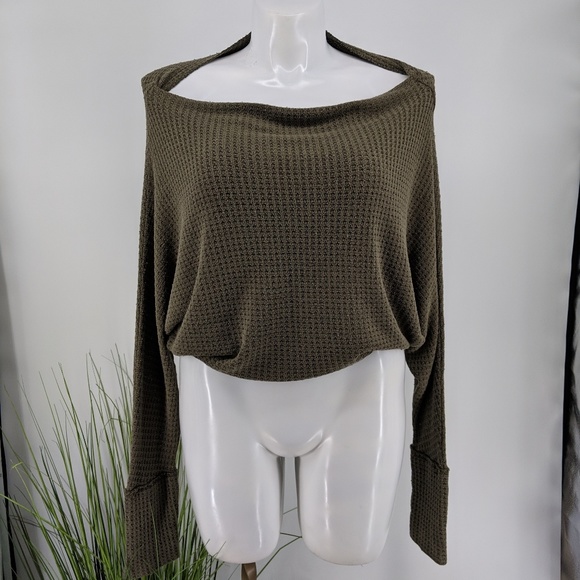 Free People Tops - Free People Crop Open Waffle Knit Dolman Olive Gre
